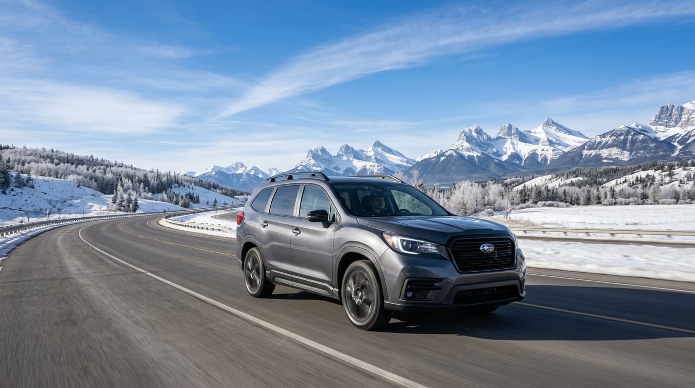 Family AWD SUV Driving on Calgary Stoney Trail with Rocky Mountains